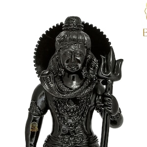 Semiprecious Stone Shiva Statue, 9.5&quot; Inch Big Black Agate Siva Idol, Lord Shiv Figurine, Black Onyx Shiva Sculpture, Standing Shiva Figure.