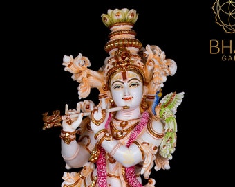 Estatua grande de Krishna en mármol cultivado, ídolo de Krisna de gran tamaño pintado a mano, figura de Krishn de pie para matrimonio hindú y regalo de aniversario.