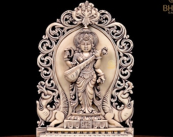 Estatua de Saraswati de mármol en polvo, 20 cm, acabado antiguo. Ídolo de Saraswati, diosa hindú de pie, Ma Saraswathi, del conocimiento, la música, las artes y la sabiduría.