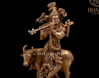 Cow Krishna Statue in Brass, 10" Inch Big Brass Krisna With Cow Idol, Standing Krishn Murty For Hindu Temple Mandir Altar Home Office Decor