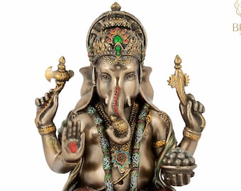 Statue de Ganesha sur lotus, idole de Ganesh assise, Ganapati Murty assis, éléphant hindou Vinayaka Morty à tête de dieu porte-bonheur et renouveau