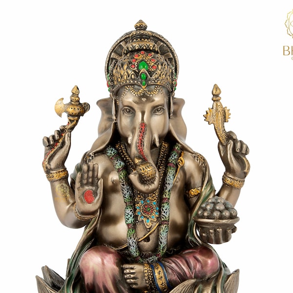 Ganesha Statue on Lotus, Seated Ganesh Idol, Sitting Ganapati Murty, Vinayaka Morty Hindu Elephant Headed God For Good Luck & New Beginnings