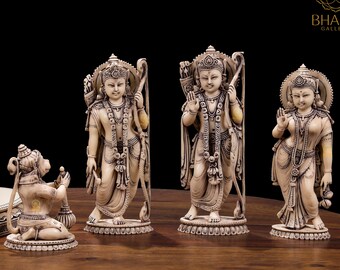 Ram Darbar Statue, Big Dust Marble Ram Darwar Idol, Standing Antique Finish Lord Rama Figurine, Hanuman, Lakshman, Devi Sita Mata Murti.