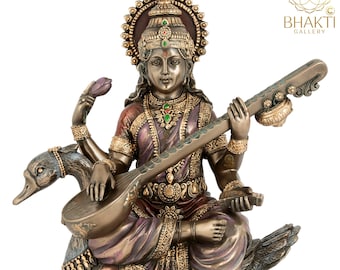 Gran estatua de Saraswati, ídolo de Sarasvati de 8 pulgadas sobre cisne, diosa hindú Saraswathi Murti para el conocimiento, la música, las artes, la sabiduría, la naturaleza y la educación.