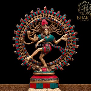 Natraja Statue in Brass, 14&quot; Inch Big Brass Dancing Shiva Nataraja Figure, Natraj Idol With Stonework, Nataraj Murti For Yoga Studio Decor