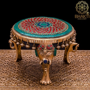 Brass Round Chowki With Elephant Pillars & Ghungroo, 10.5&quot; Inches Pooja Chowki in Brass With Stonework For Religious Home Temple Decor