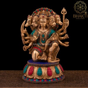 Messing Panchmukhi Hanuman Statue, 13 "Zoll Big Five Gesicht Hanuman Idol aus Messing, Panchamukha Anjaneya Figur, Hindu-Gott von Bhakti & Stärke