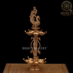 Brass Annam Bird Oil Lamp, 21&quot; Inch Big Peacock Diya Stand in Brass For Home Temple Decor, Large Decorative Traditional Indian Oil Diya Lamp