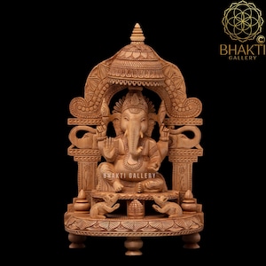 Hand Carved Wooden Ganesha Statue - 14 Inch Arch Ganpati Idol