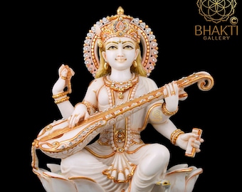 Estatua de Saraswati en mármol cultivado, gran ídolo de Saraswati pintado de 16 pulgadas, figura de la diosa Maa Sarasvati para el conocimiento, la música, las artes y la sabiduría.