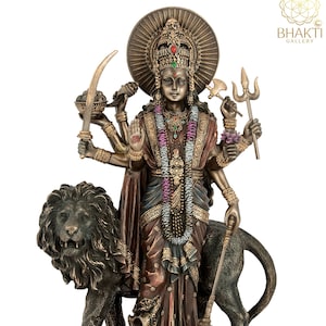 11&quot; Durga Statue with Lion: Bronze Finish Sherawali Mata Murti