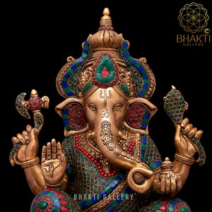 Ganesha Statue in Brass, Big Large Brass Ganesh Murty With Stonework, Ganapati Idol, Hindu Elephant God of Good Luck & New Beginnings Gift.