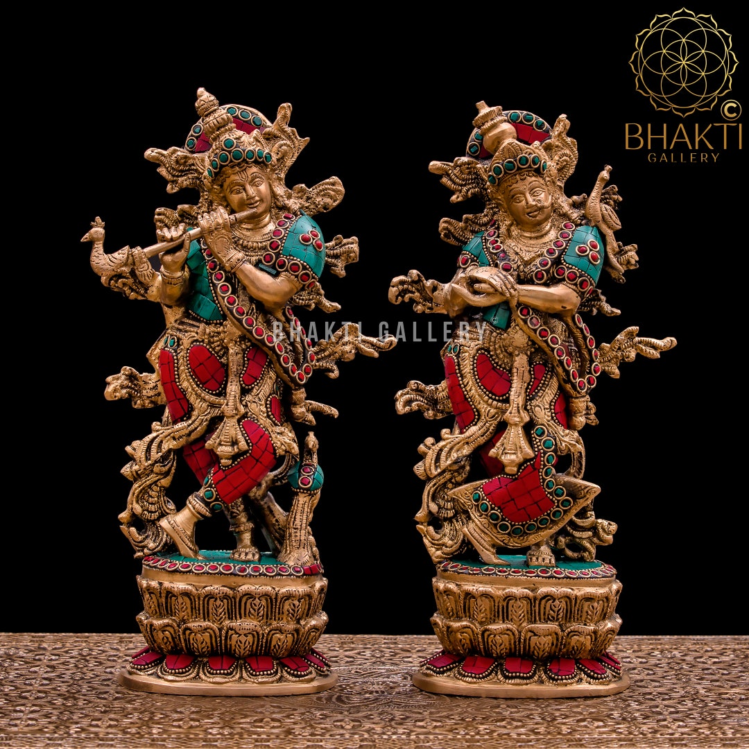 Brass Radha Krishna Statue, 12 Inch Big Radhe Krishn Idol in Brass