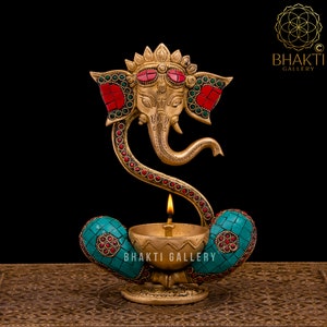 Ganesh Diya in Brass, 8.5&quot; Inch Big Brass Abstract Ganesha Oil Diya For Home Temple Decor, One Wick Oil Diya Lamp, Deepawali Puja Oil Lamp.
