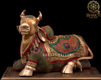 Large Brass Nandi Statue, Big Nandi Idol, Gatekeeper of Shiva & Parvati, Sacred Bull God, Shiv Sevak, Cow God Murti in Brass With Stonework.