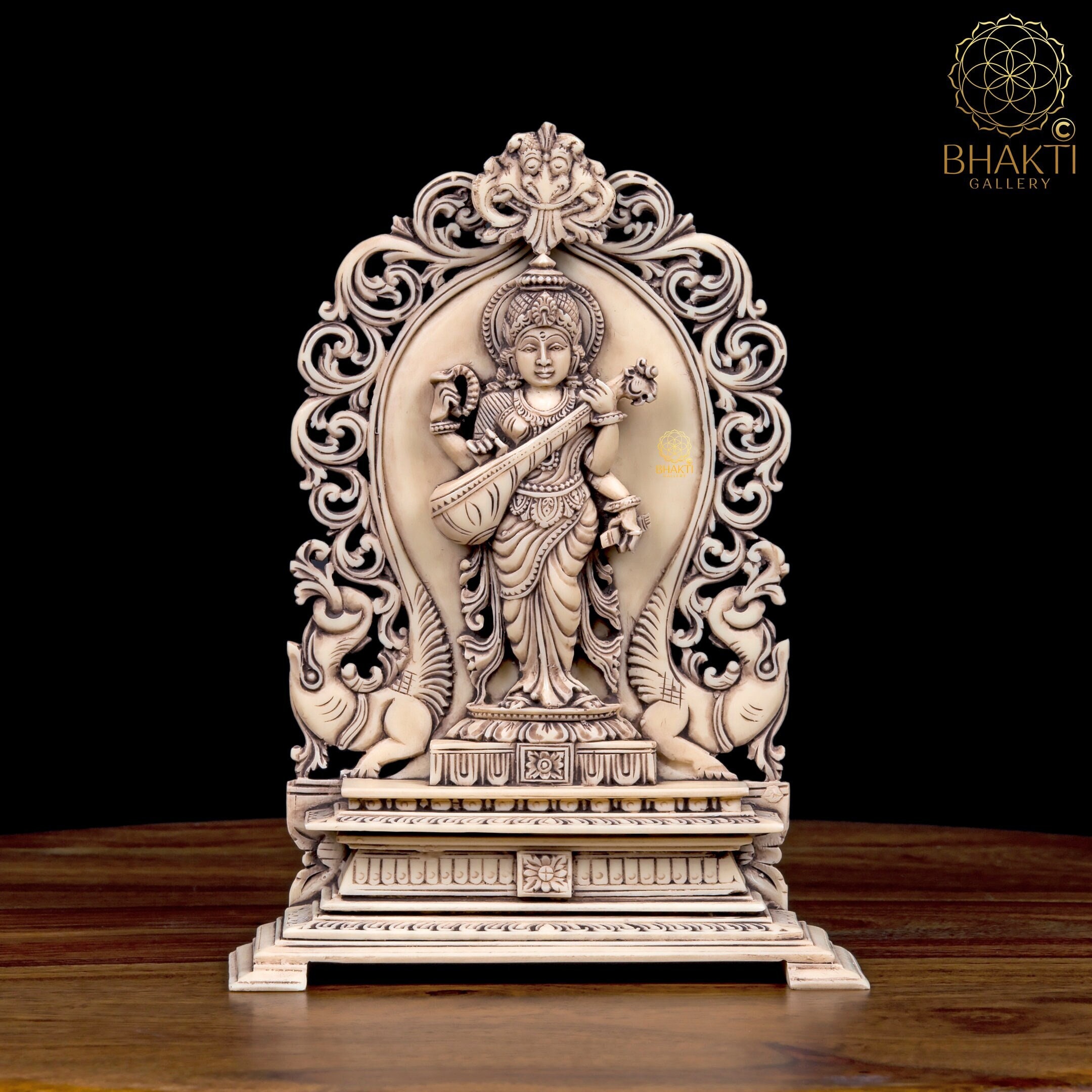 Statue de Saraswati en marbre poudré, 20 cm (20 cm) finition antique, idole de Sarasvati, déesse hindoue debout Ma Sarasvati pour la connaissance, la musique, l'art et la sagesse