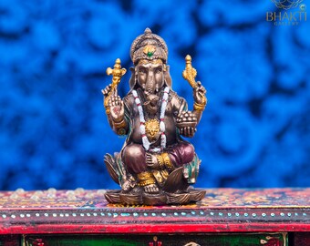 ガネーシャ像 30 cm、手描きのガネーシャ神像、蓮、ガナパティ