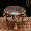 Brass Pooja Chowki with Elephant Pillars & Ghungroo - Religious Home Decor