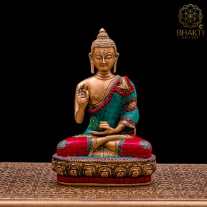 Brass Buddha Statue, 10&quot; Inch Big Buddh Idol in Brass, Tibetan Buddhist Budha Figure For Temple Altar Yoga Studio Meditation Room Decor.