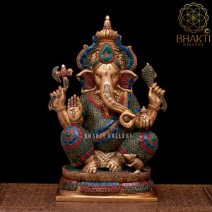 Large Brass Ganesha Statue, 16&quot; Inch Big Ganesh Sculpture in Brass With Stonework For House Warming, Hindu Wedding Gift & Home Room Decor.