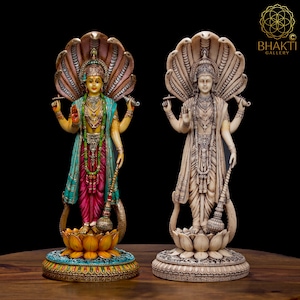 Dust Marble Vishnu Statue on Lotus, 12.5&quot; Inch Big Vishnu Idol, Standing Lord Visnu Bhagwan Murti, Narayana Murty on Kamal, Narayan Figure.