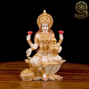 Dust Marble Lakshmi Statue, 7&quot;Inch Big Hand Painted Laxmi Murti, Hindu Goddess Sri Idol For Money, Wealth, Abundance, Fertility & Prosperity