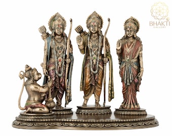 Ram Darbar Statue, 8" Inch Big Bronze Finish Ramdarbar Idol, RamDarwar Murti, Lord Rama, Mata Sita, Lord Lakshman With Hanuman Figure.
