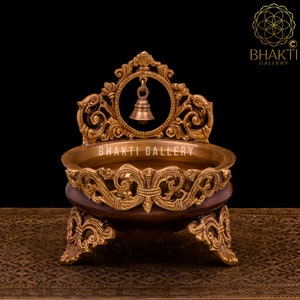 Brass Urli Bowl With Bell, 8" Inch Big Two Tone Finish Urli Pot in Brass, Hindu Traditional Brass Bowl For Floating Flowers & Candles Diyas