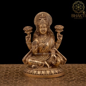 Brass Lakshmi Statue, 8&quot; Inch Big Laxmi Idol in Brass, Hindu Goddess Sri Laksmi Figure For Money, Wealth, Abundance, Fertility & Prosperity.