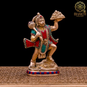 Hanuman Statue brass, 8.5&quot;Inches Brass Hanuman Idol Carrying Sanjeevani Mountain, Sanjivani Parvat Bajrangbali, Standing Bajrang Bali Murti