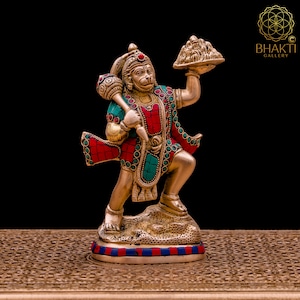 Hanuman Statue in Brass, 8.5" Inch Big Brass Hanuman Idol Carrying Sanjeevani Mountain, Sanjivani Parvat Bajrangbali, Standing Bajrang Bali.