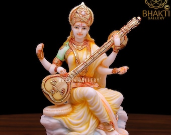 Estatua de Saraswati en mármol cultivado, gran ídolo de Sarasvati de 6 pulgadas, murti de la diosa hindú Saraswathi pintada para el conocimiento, la música, las artes y la sabiduría.