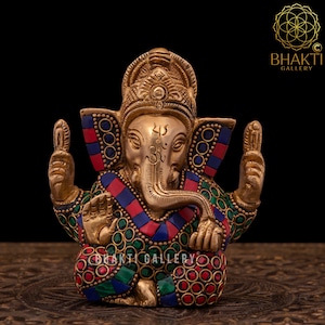 Brass Ganesha Statue, 4&quot; Inch Big Ganesh Idol in Brass With Stonework, Hindu Elephant God Vinayak Murti For Good Luck & New Beginnings Gift