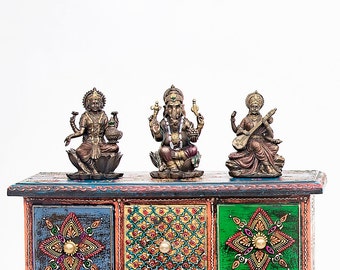 Lakshmi Ganesh Saraswati Statue, 3” Inch Small Laxmi Ganesh Saraswati Idol, Sri Ganapati, Sarasvati For Wealth, Wisdom, Fortune, Art & Music