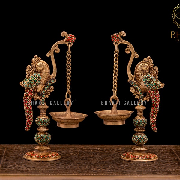 Oil Lamp With Swinging Diya in Brass, 9" Inch Big Brass Parrot Design Diya Stand With Stonework, Traditional Indian Oil Lamp, Decorative Dia