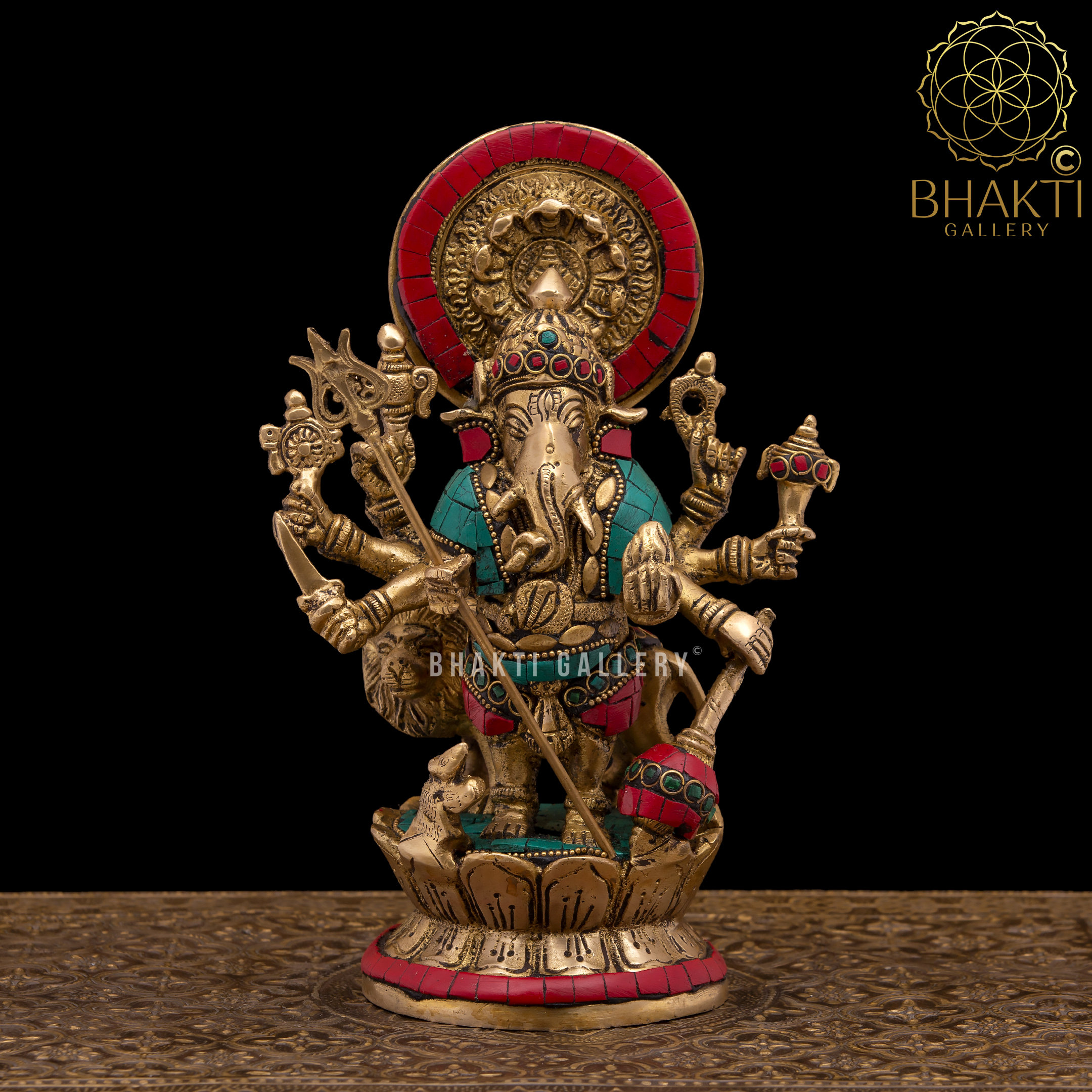 Brass Ashtabhuja Dhari Ganesha Statue With Stonework, 9