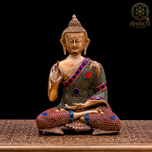 Brass Buddha Statue: 10.5&quot; Inch Big Vitarka Mudra Buddha Idol in Brass For Buddhist Mandir Temple Altar Yoga Studio Meditation Room Decor.