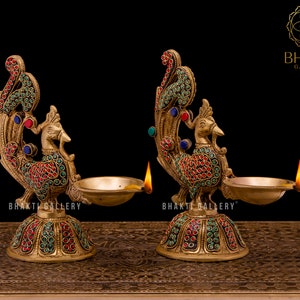 Annam Bird Design Brass Diya, 8&quot; Inches Brass Oil Lamp Diya with Stonework, Decorative & Traditional Indian Oil Lamps For Home Temple