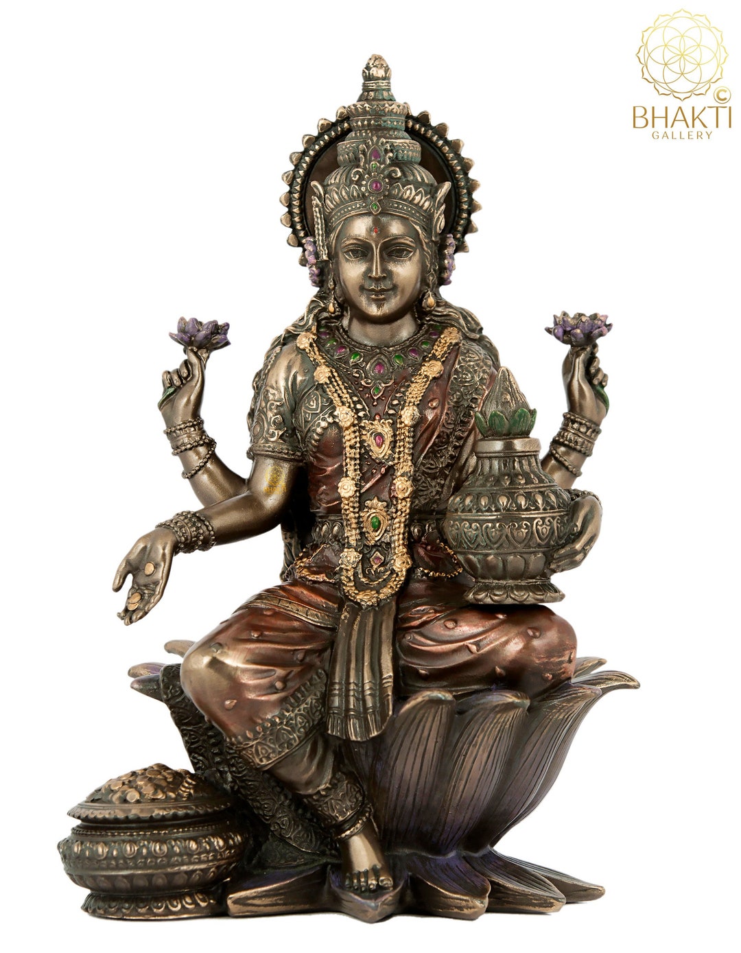 PT Lakshmi Déesse Hindoue sur Lotus Statue Sculpture