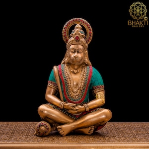 Hanuman Statue in Brass, 12"Inch Big Brass Meditating Hanuman Idol With Stonework, Hindu Monkey God of Devotion, Strength, Celibacy & Bhakti