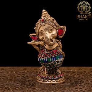 Musical Ganesha Statue in Brass, 5.5&quot; Inch Brass Ganesh Idol With Stonework, Hindu Elephant God Vinayaka For Good Luck & New Beginnings Gift
