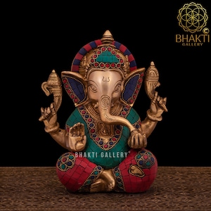 Brass Ganesha Statue, 8&quot; Inch Big Ganesh Idol in Brass With Stonework, Hindu Elephant God For Good Luck, New Beginning & Hindu Wedding Gift