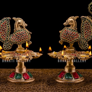 Brass Oil Diya Lamp in Brass, 6.5&quot; Inch Big Annam Bird Design Diyas With Stonework For Home Temple, Decorative Traditional Indian Oil Lamps