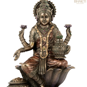 Lakshmi Statue on Lotus, 7&quot; Inch Big Laxmi Idol, Sri Lakshmi Maa Murty, Hindu Goddess of Money, Wealth, Abundance, Fertility & Prosperity.