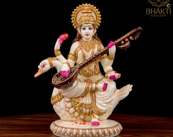 Estatua de Saraswati de mármol sobre un cisne, murti de Saraswati de 20 cm, ídolo de la diosa hindú Saraswati, símbolo del conocimiento, la música, el arte, la sabiduría y la educación.