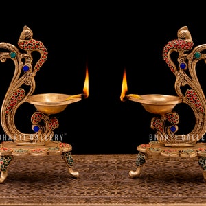 Brass Parrot Design Oil Lamp, 8&quot; Inch Big Diya Stand With Bell in Brass, Traditional Indian Oil Lamps With Stonework, Brass Decorative Diyas