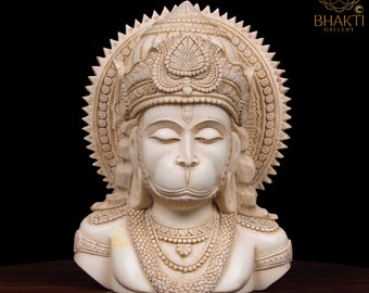 Dust Marble Hanuman Bust Statue, 8" Inch Big Antique Finish Hindu Monkey God Hanuman Head Idol For Devotion, Strength, Power & Bhakti Decor