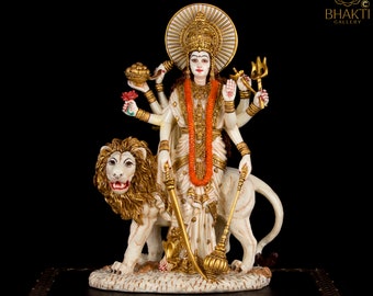 Standing Durga Statue, 11" Inch Big Hand Painted Durga Idol With Lion, Chandi Murty, Hindu Goddess Sherawali For War, Strength & Protection