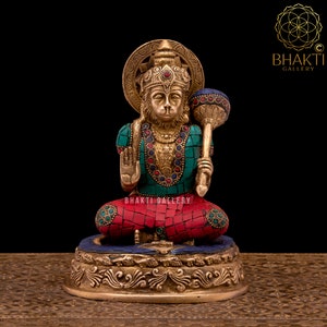 Brass Hanuman Statue, 7&quot; Inch Big Hanuman Idol in Brass With Stonework, Hindu Monkey God Anjaneya For Devotion, Strength, Celibacy & Bhakti