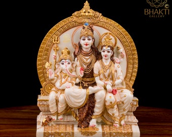 Statue Famille Lord Shiva Parvati Ganesha Sur Sinhasan - Figurine Religieuse Résine Multicolore - SKC